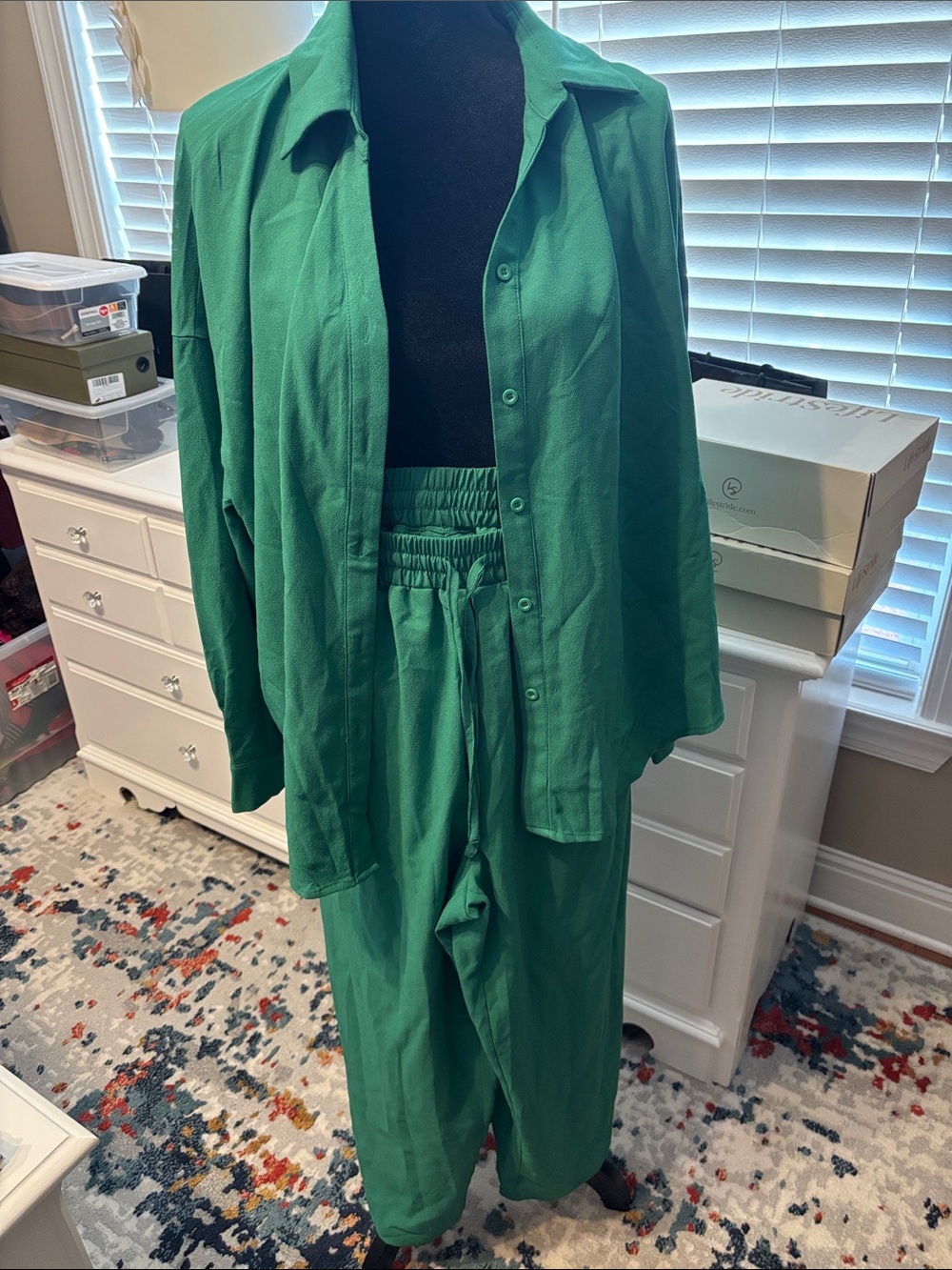 Cupshe Emerald Green Button-Up Shirt & Elastic Waist Pants